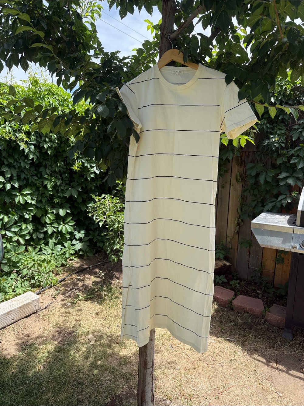 Roolee Cream Midi Dress with Thin Navy Stripes
